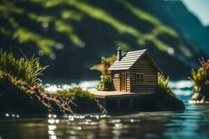 uma miniatura casa senta em uma pequeno ilha dentro a meio do a água. gerado por IA foto