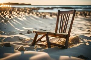 uma de madeira cadeira senta em a areia às pôr do sol. gerado por IA foto