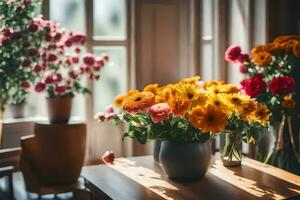 flores dentro uma vaso em uma mesa dentro uma sala. gerado por IA foto