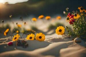 flores dentro a areia às pôr do sol. gerado por IA foto