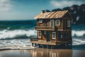 uma miniatura de madeira casa em a de praia. gerado por IA foto