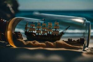 uma miniatura navio dentro uma garrafa em a de praia. gerado por IA foto