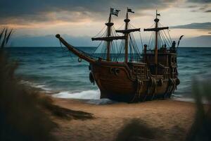 uma de madeira navio em a de praia às pôr do sol. gerado por IA foto
