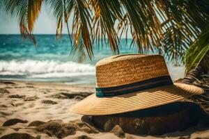 uma Palha chapéu em a de praia. gerado por IA foto
