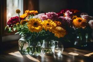 flores dentro vasos em uma mesa. gerado por IA foto