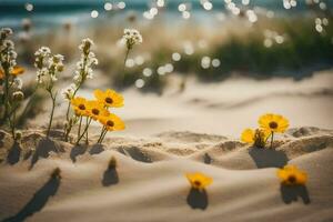 foto papel de parede a areia, flores, praia, a sol, a mar, a areia, o. gerado por IA