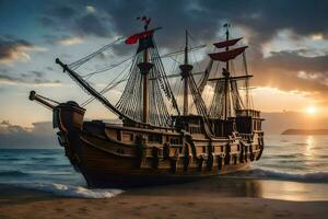 uma de madeira navio em a de praia às pôr do sol. gerado por IA foto