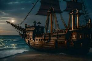uma pirata navio em a de praia às noite. gerado por IA foto