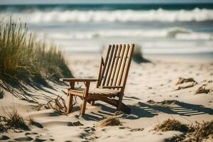 uma de madeira cadeira senta em a areia perto a oceano. gerado por IA foto