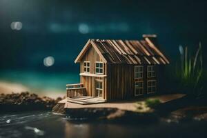 uma miniatura de madeira casa em uma pequeno ilha. gerado por IA foto