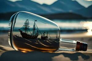 uma garrafa com uma navio dentro isto em a de praia. gerado por IA foto