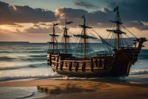 uma modelo navio em a de praia às pôr do sol. gerado por IA foto