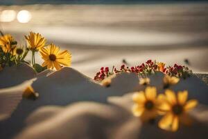 flores em a de praia às pôr do sol. gerado por IA foto