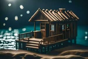 uma miniatura de madeira casa em a de praia às noite. gerado por IA foto