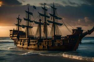 uma de madeira pirata navio dentro a oceano às pôr do sol. gerado por IA foto