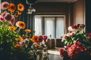 flores dentro uma quarto com luz solar chegando dentro através a janela. gerado por IA foto