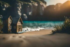 uma miniatura casa em a de praia com uma montanha dentro a fundo. gerado por IA foto