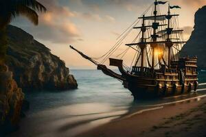 uma pirata navio é em a de praia às pôr do sol. gerado por IA foto