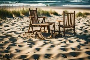 dois cadeiras sentar em a areia perto a oceano. gerado por IA foto