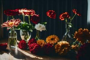 flores dentro vasos em uma mesa. gerado por IA foto