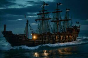 uma pirata navio Navegando dentro a oceano às noite. gerado por IA foto