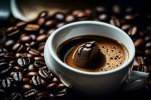 uma copo do café é mostrando em uma café feijões fundo. gerado por IA foto