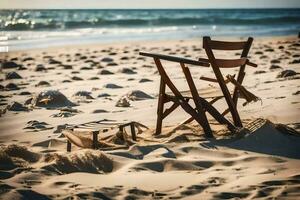 uma de praia cadeira em a areia. gerado por IA foto