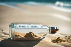 areia dentro uma garrafa em a de praia. gerado por IA foto