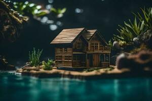 uma miniatura casa em uma pequeno ilha cercado de água. gerado por IA foto