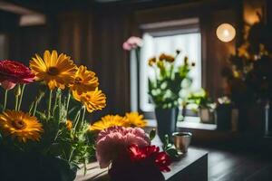 flores dentro uma vaso em uma mesa dentro uma sala. gerado por IA foto