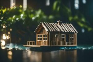 uma pequeno de madeira casa em uma barco dentro a água. gerado por IA foto