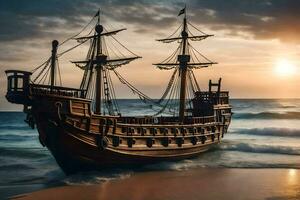 uma de madeira navio em a de praia às pôr do sol. gerado por IA foto