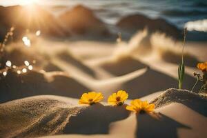 foto papel de parede areia, a praia, flores, a sol, a mar, a areia, o. gerado por IA