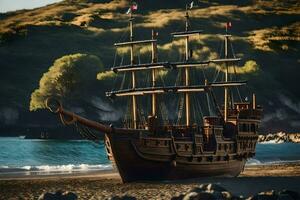 uma de madeira pirata navio em a de praia. gerado por IA foto