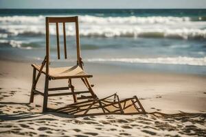 uma cadeira em a de praia com uma quebrado cadeira. gerado por IA foto