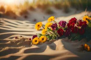 flores dentro a areia. gerado por IA foto