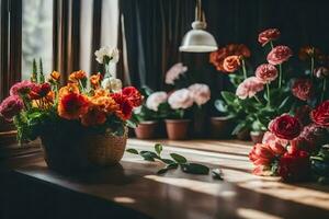 flores dentro panelas em uma mesa dentro frente do uma janela. gerado por IA foto