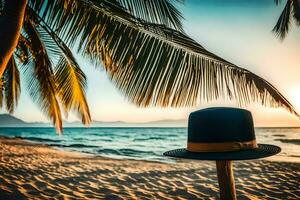 uma chapéu senta em uma bastão em a de praia às pôr do sol. gerado por IA foto