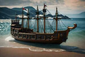 uma modelo pirata navio em a de praia. gerado por IA foto