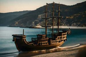 uma pirata navio é em a de praia perto a oceano. gerado por IA foto