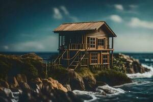 uma pequeno de madeira casa em a Beira do a oceano. gerado por IA foto