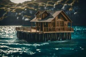 uma minúsculo casa em uma flutuando doca dentro a oceano. gerado por IA foto