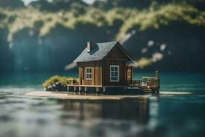 uma minúsculo casa em uma pequeno ilha dentro a meio do a água. gerado por IA foto