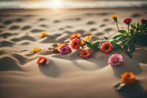 flores em a de praia às pôr do sol. gerado por IA foto