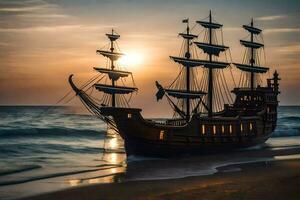 uma pirata navio em a de praia às pôr do sol. gerado por IA foto