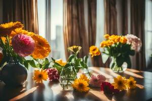 flores em uma mesa dentro frente do uma janela. gerado por IA foto
