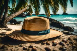 uma chapéu em a de praia com coco cartuchos. gerado por IA foto
