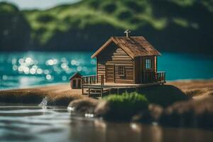 uma miniatura casa senta em uma Rocha de a água. gerado por IA foto