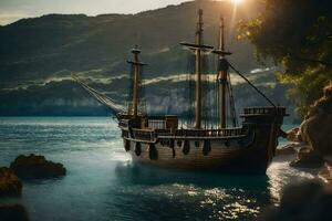 uma de madeira navio dentro a oceano perto pedras. gerado por IA foto