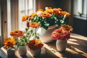 laranja flores dentro branco vasos em uma mesa. gerado por IA foto